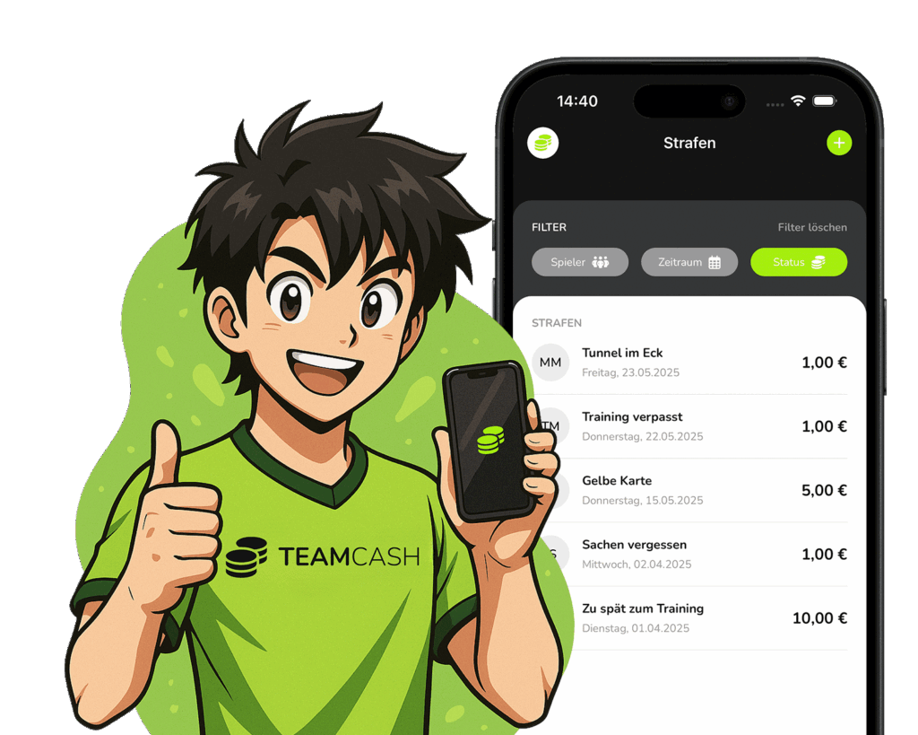 Mannschaftskassen App TeamCash Maskottchen Tom und Screenshot Dashboard